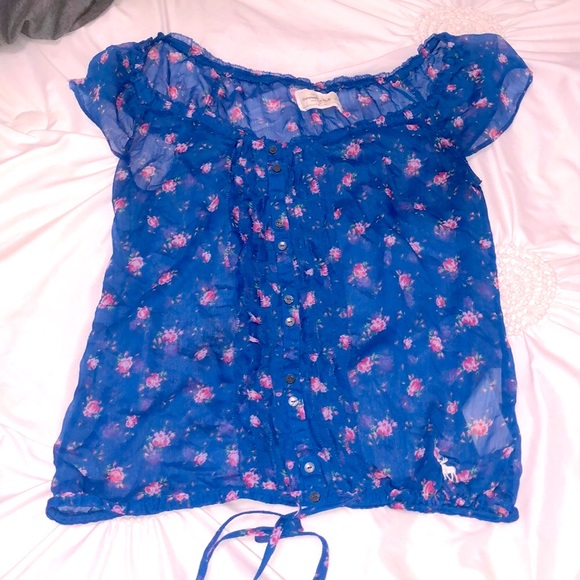 🫎 ABERCROMBIE  SHEER FLORAL ROYAL BLUE BLOuSE - Picture 2 of 6